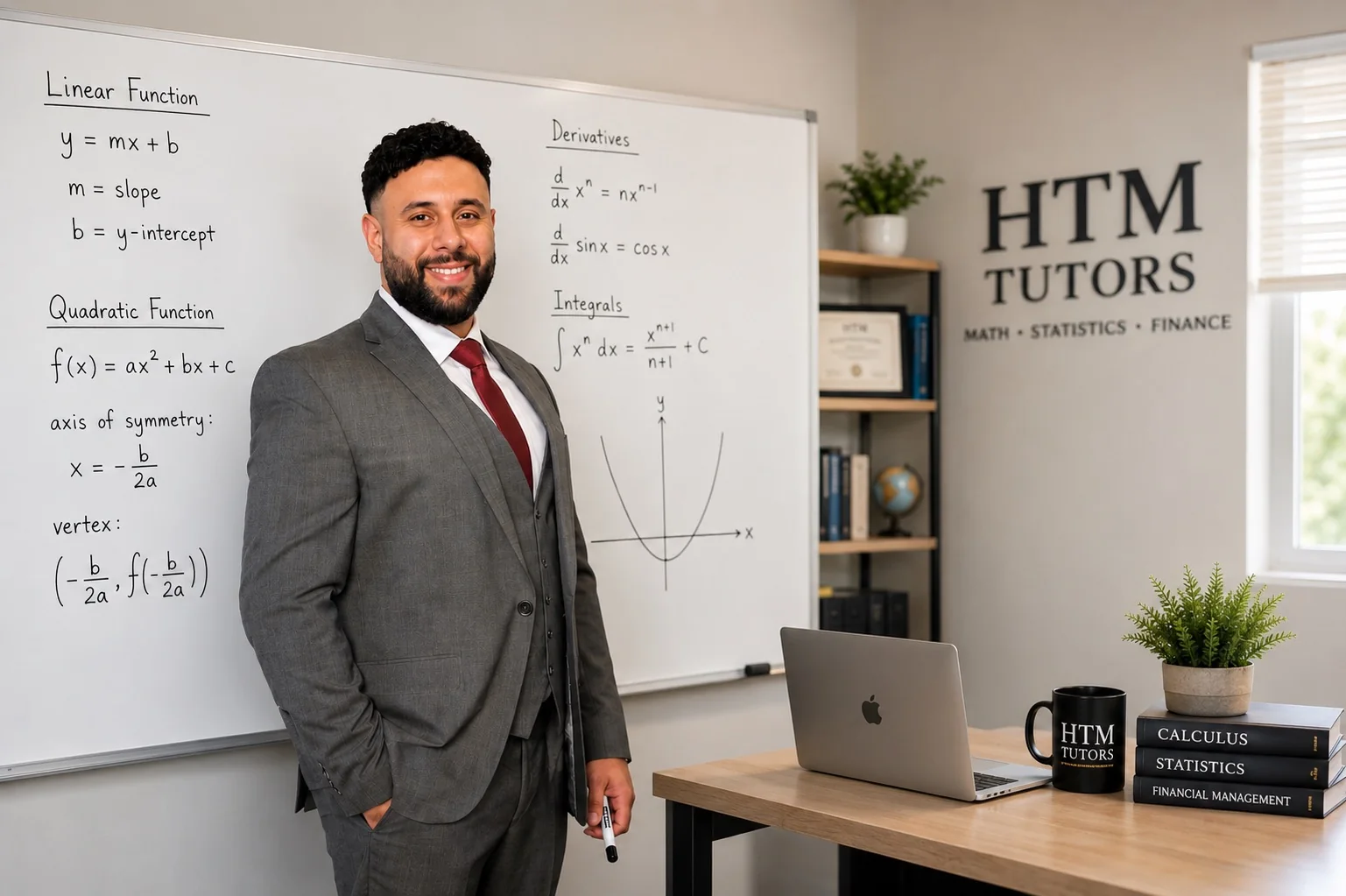 Haitham, founder of HTM Tutors, standing beside a mathematics whiteboard.
